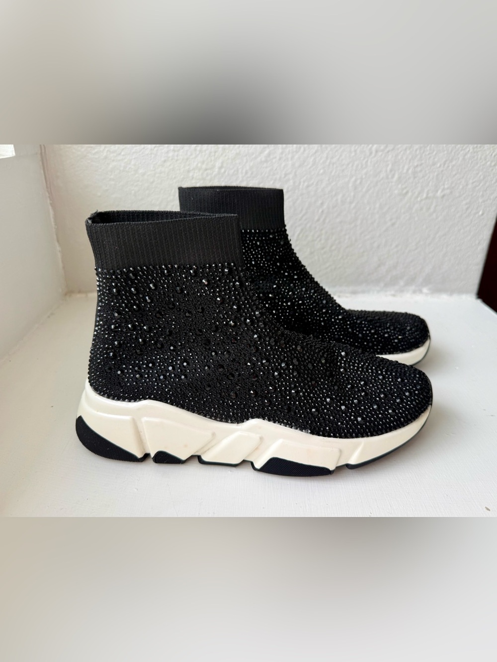 Steve Madden Overtime Black Crystal Knit Slip-On Sneakers